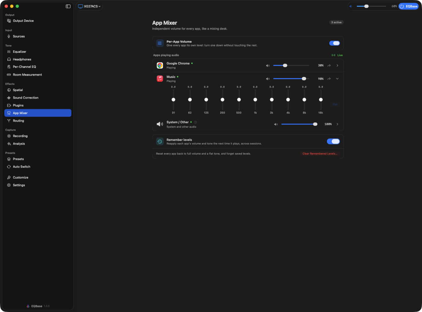 The App Mixer pane with a level, mute and 10-band equalizer for each running app.