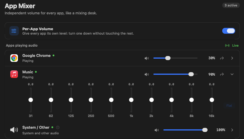 The App Mixer pane: Chrome held at 30% while Music plays at 90%, each app with its own slider.