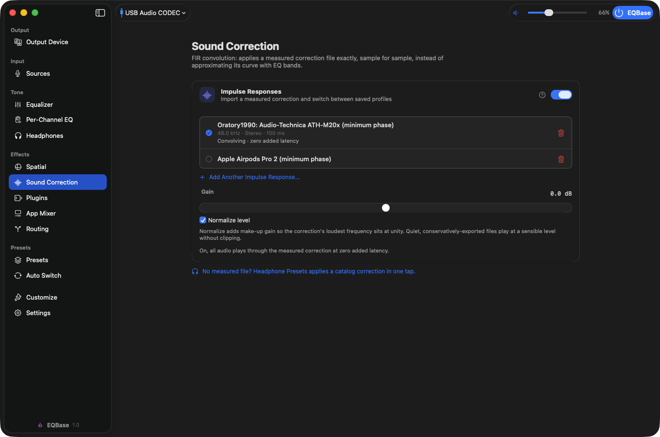 The Sound Correction pane with imported impulse responses convolving at zero added latency.