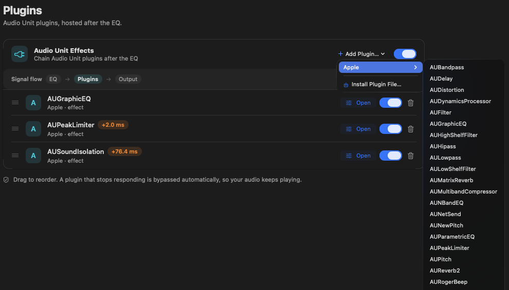 The Plugins pane: three Audio Units chained after the EQ, two of them showing the latency each one adds, with the plugin picker open.