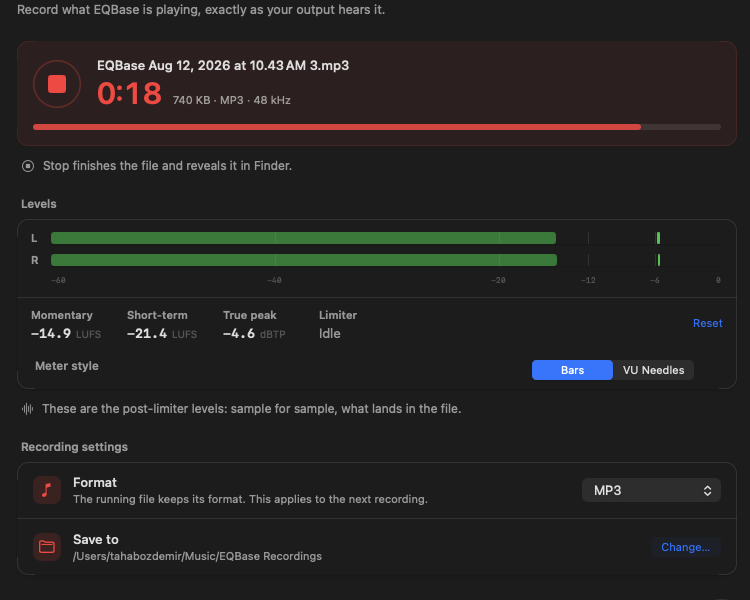 A recording pane on macOS mid-recording: a running timer, the file's format and size, and live level meters showing what is landing in the file.